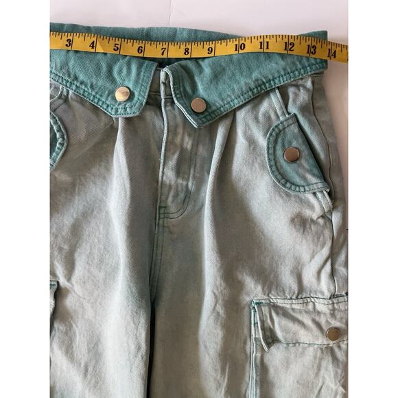 Creative Design Baggy Wide Leg Pants Women L Two Tone Green Cargo Y2K Skater - Picture 7 of 15